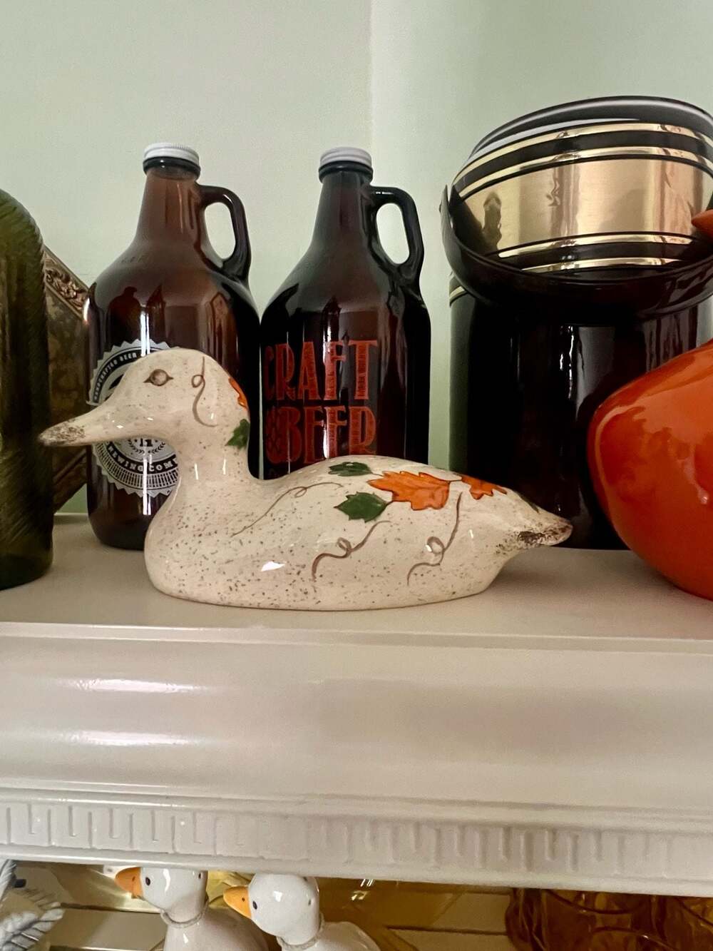Vintage Ceramic White Duck with Floral Decoration Figurine